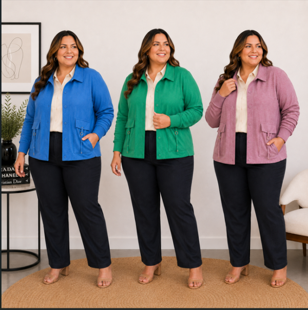 Jaqueta Feminina Plus Size em Lãzinha com Botões e Bolsos