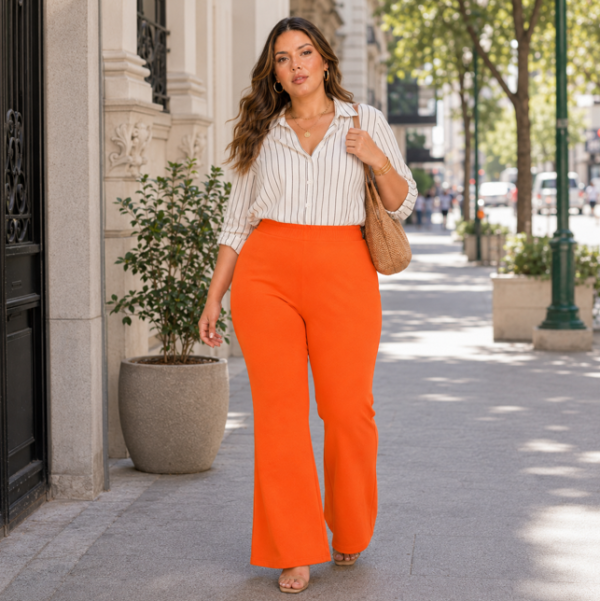 Calça Feminina Plus Size Flare em Diagonal Veneza