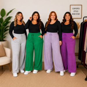 Calça Pantalona Feminina Plus Size em Lãzinha com Amarração e Bolsos