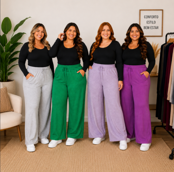 Calça Pantalona Feminina Plus Size em Lãzinha com Amarração e Bolsos