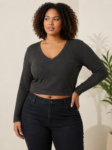 Blusa Feminina Cropped Canelada Plus Size Manga Longa Gola V