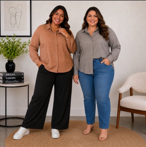 Camisa Feminina Plus Size em Duna Linho com Botões