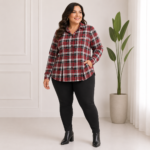 Camisa Feminina Plus Size Flanela Plissada Xadrez