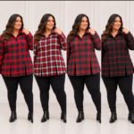 Camisa Feminina Plus Size Flanela Plissada Xadrez