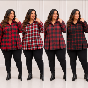 Camisa Feminina Plus Size Flanela Plissada Xadrez