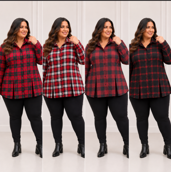 Camisa Feminina Plus Size Flanela Plissada Xadrez