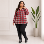 Camisa Feminina Plus Size Flanela Plissada Xadrez