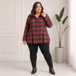 Camisa Feminina Plus Size Flanela Plissada Xadrez