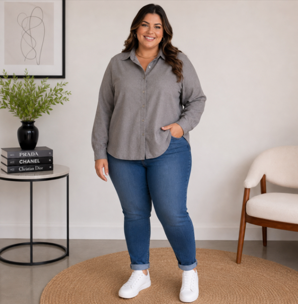 Camisa Feminina Plus Size em Duna Linho com Botões
