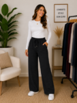 Calça Pantalona Feminina em Tecido Duna com Amarração e Bolsos