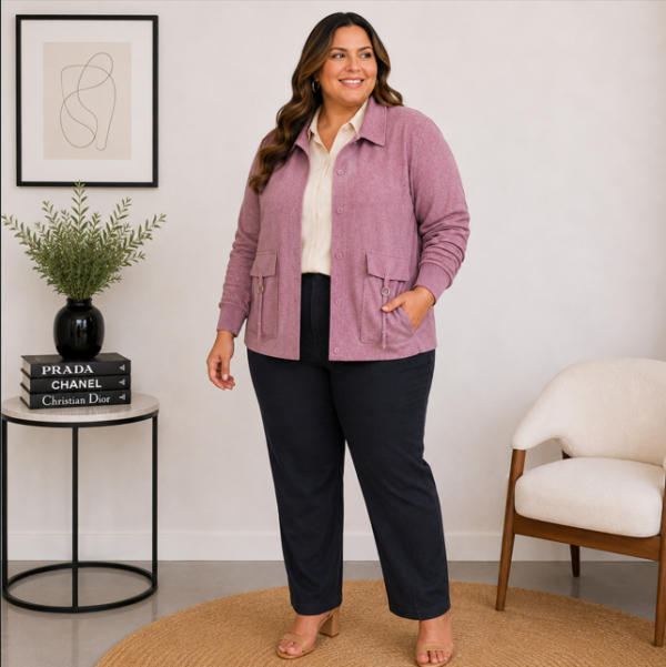 Jaqueta Feminina Plus Size em Lãzinha com Botões e Bolsos