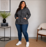 Parka Feminina Plus Size em Lãzinha Pied de Poule com Ajuste na Cintura