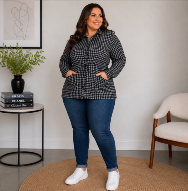 Parka Feminina Plus Size em Lãzinha Pied de Poule com Ajuste na Cintura