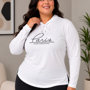 Blusa Feminina Plus Size com Capuz e Estampa Paris