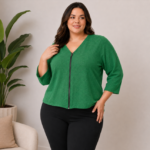 Casaquinho Feminino Plus Size Lãzinha com Zíper Manga 3/4