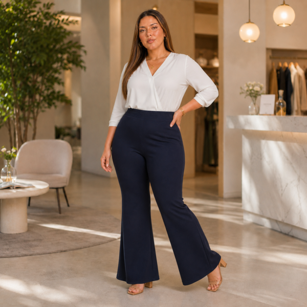Calça Feminina Plus Size Flare em Diagonal Veneza