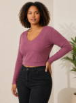 Blusa Feminina Cropped Canelada Plus Size Manga Longa Gola V