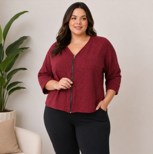 Casaquinho Feminino Plus Size Lãzinha com Zíper Manga 3/4