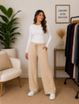 Calça Pantalona Feminina em Tecido Duna com Amarração e Bolsos