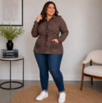 Parka Feminina Plus Size em Lãzinha Pied de Poule com Ajuste na Cintura
