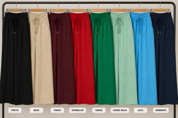 Calça Pantalona Feminina em Tecido Duna com Amarração e Bolsos