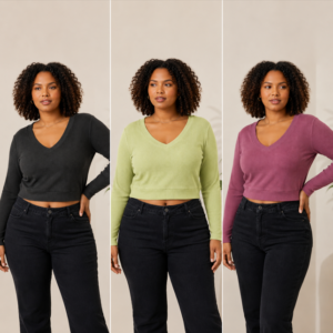 Blusa Feminina Cropped Canelada Plus Size Manga Longa Gola V