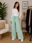 Calça Pantalona Feminina em Tecido Duna com Amarração e Bolsos