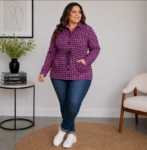 Parka Feminina Plus Size em Lãzinha Pied de Poule com Ajuste na Cintura
