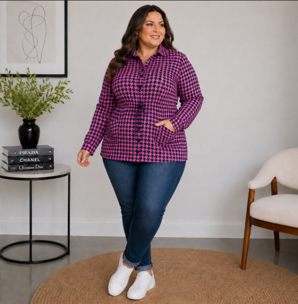 Parka Feminina Plus Size em Lãzinha Pied de Poule com Ajuste na Cintura
