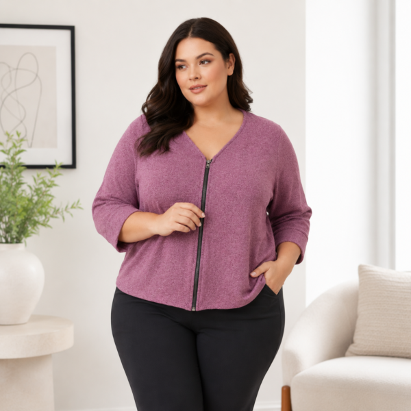 Casaquinho Feminino Plus Size Lãzinha com Zíper Manga 3/4