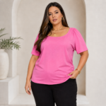 Blusa Feminina Plus Size em Viscolinho com Manga Franzida