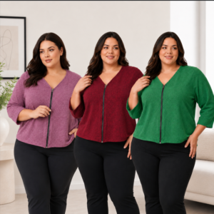 Casaquinho Feminino Plus Size Lãzinha  com Zíper Manga 3/4