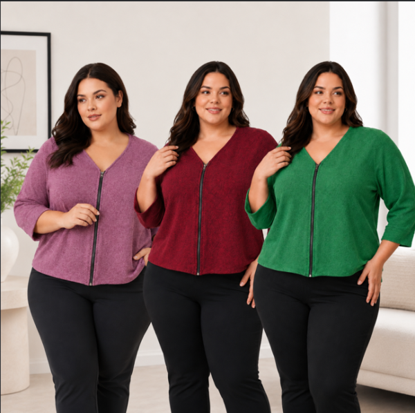 Casaquinho Feminino Plus Size Lãzinha com Zíper Manga 3/4